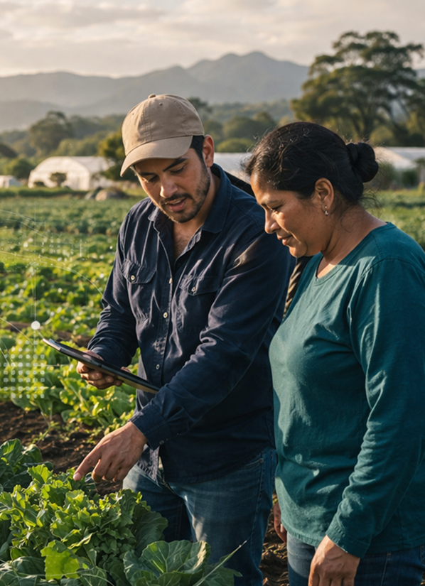 Productores revisando datos en el campo